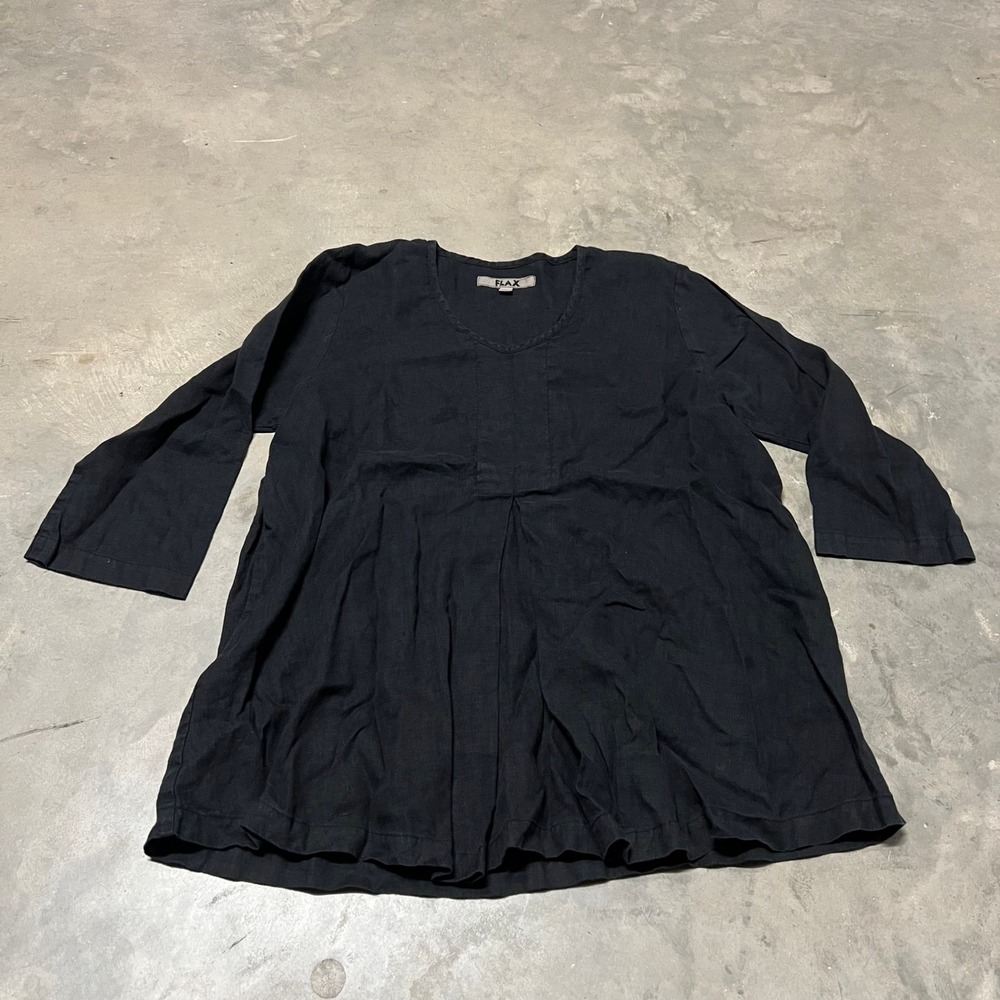 FLAX Womens Medium Black 100% Linen 3/4 Sleeve Pleated Tunic Top Lithuania